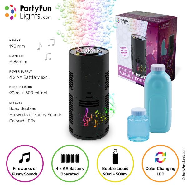 BUBBLE FOUNTAIN Generatore di Bolle c/led cambio colore c/suono fuochi d’artificio cm (In box x cm) …x12